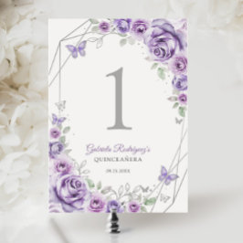 Tarjeta De Mesa Lilac Purple Silver Floral Quinceanera