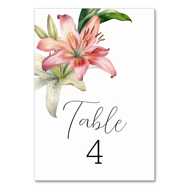 Tarjeta De Mesa Lilios rosados y blancos románticos (Anverso)