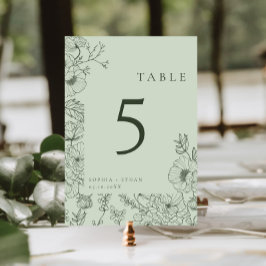 Tarjeta De Mesa Línea floral Art Sage Green Boda