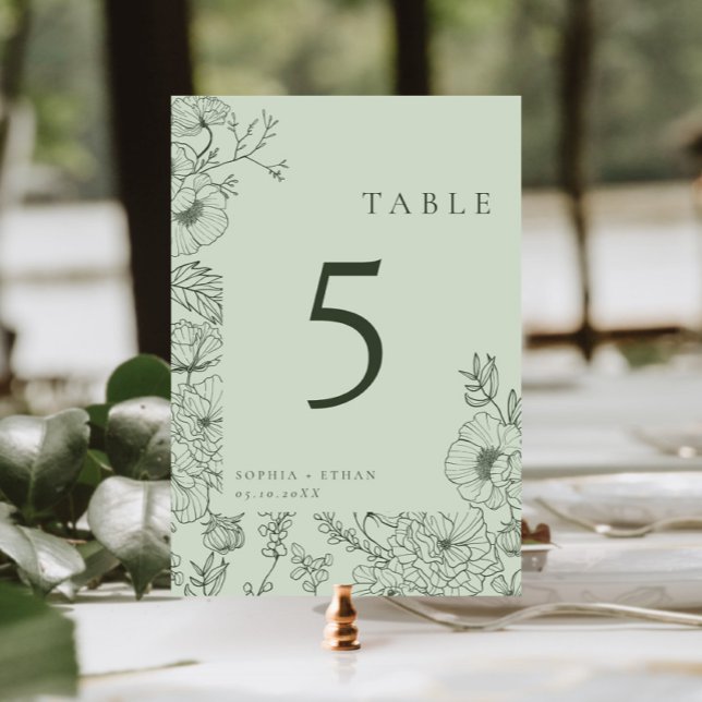 Tarjeta De Mesa Línea floral Art Sage Green Boda (Subido por el creador)