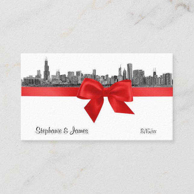 Tarjeta De Mesa Línea Skyline de Chicago Etched BW Red Place Cards (Anverso)