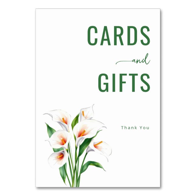 Tarjeta De Mesa Lirios de Calla Botánicos Verde Agradecido (Anverso)
