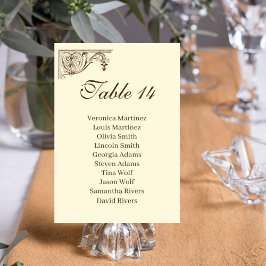 Tarjeta De Mesa lista de invitados de número de tabla de boda
