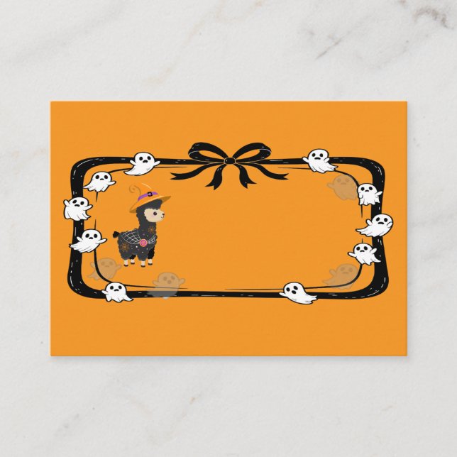 Tarjeta De Mesa Llama de Halloween con sombrero de bruja naranja (Anverso)