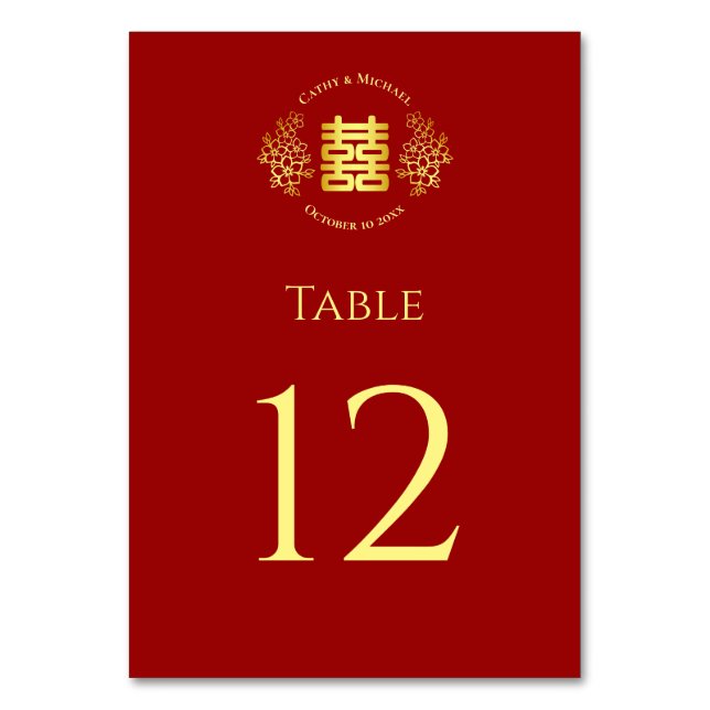 Tarjeta De Mesa Logo rojo floral boda chino doble felicidad (Anverso)