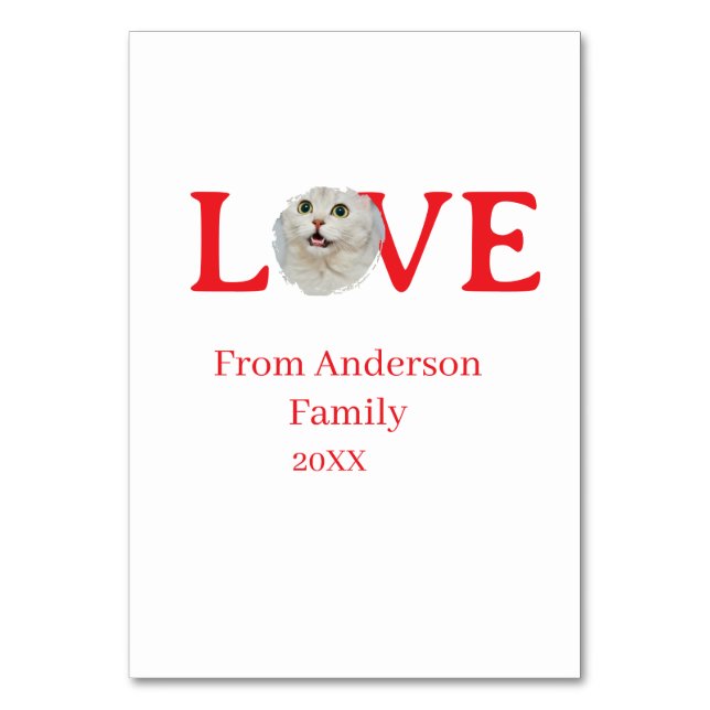 Tarjeta De Mesa Love holidays cat photo pet family name bold lette (Anverso)