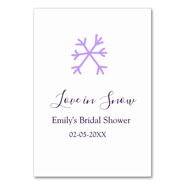 Tarjeta De Mesa Love in Snow bridal shower purple snowflakes paste (Anverso)