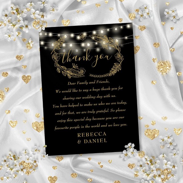 Tarjeta De Mesa Luces De Cadenas Gracias Boda Negro Y Oro (String Lights Thank You Black And Gold Wedding Place Card)