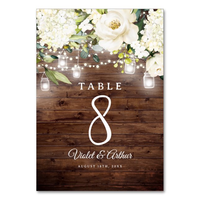 Tarjeta De Mesa Luces de Cuerda Florales Rústicas Boda (Reverso)