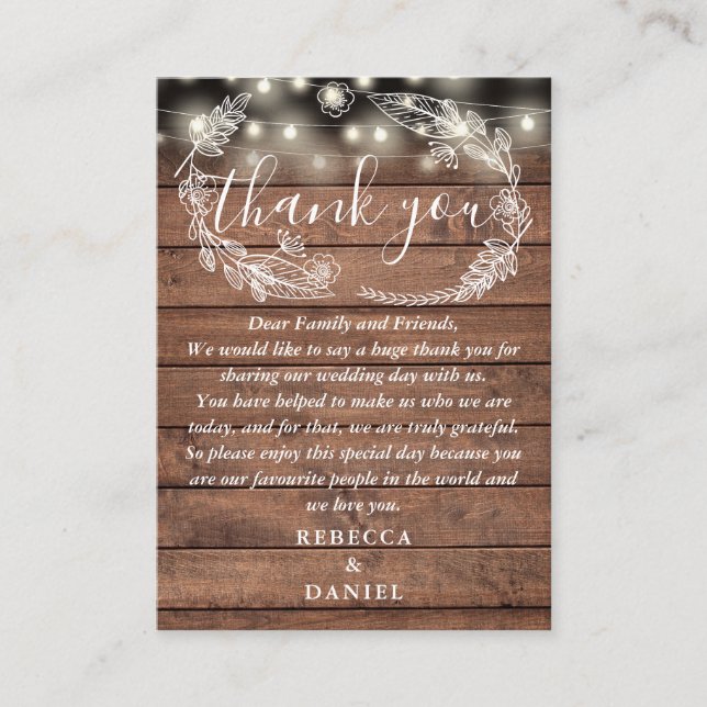 Tarjeta De Mesa Luces de Cuerda Rústico Madera Floral Boda Agradec (Anverso)