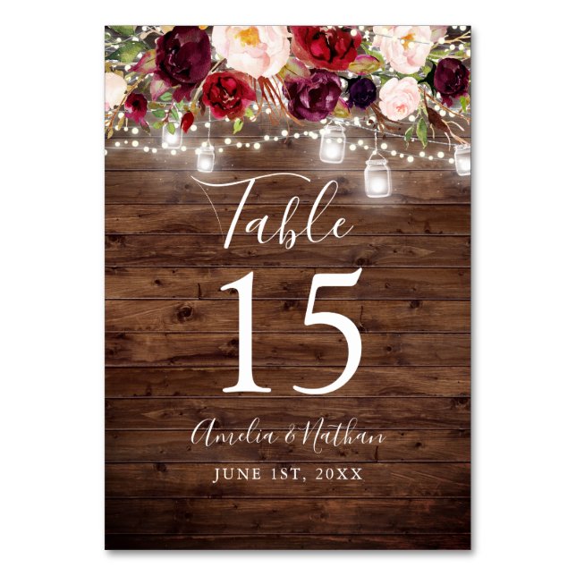 Tarjeta De Mesa Luces Florales Burgundy Madera Rústica Boda (Anverso)