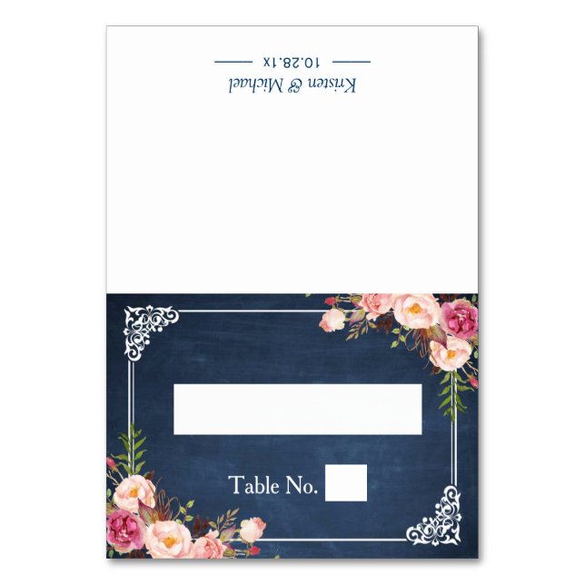 Tarjeta De Mesa Lugar de asiento del Boda del tablero azul floral (Anverso)