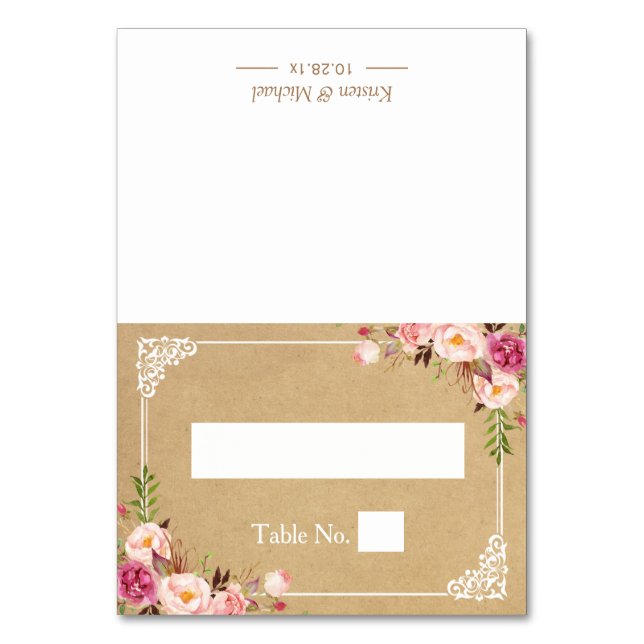 Tarjeta De Mesa Lugar de asiento del Boda Kraft con marco floral r (Anverso)