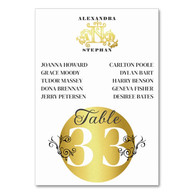 Tarjeta De Mesa Lujoso Romántico Flourish Caligraphy Boda Gold (Anverso)