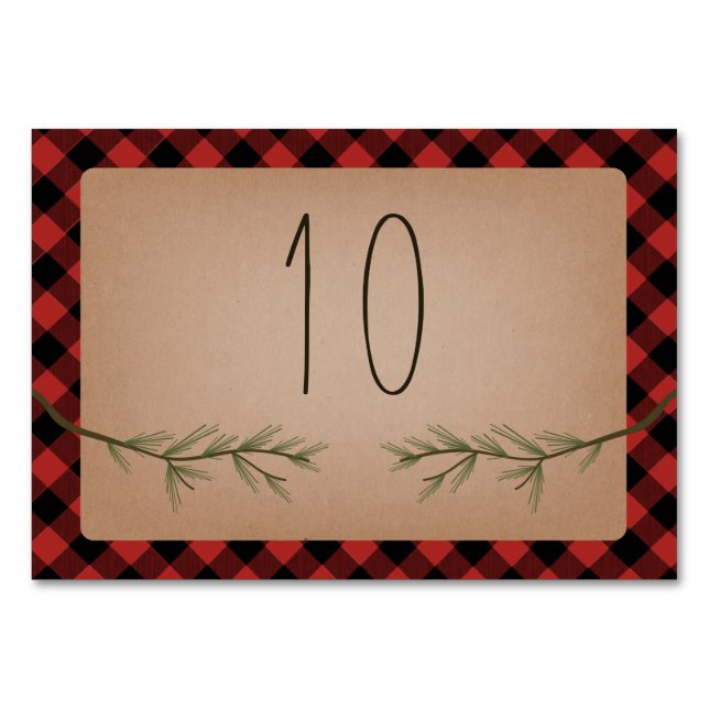 Tarjeta De Mesa Lumberjack Plaid Evergreen Branches Boda (Anverso)