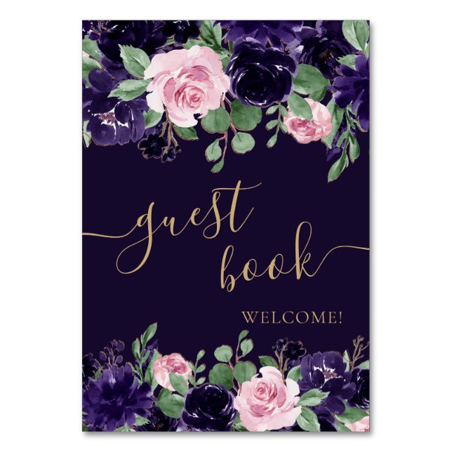 Tarjeta De Mesa Lush Blossom | Libro de visitas morado y rosa (Anverso)