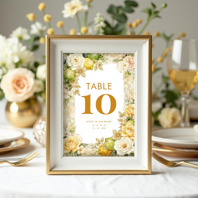 Tarjeta De Mesa Luxury Delicate Mediterranean Lemons & Flowers  (Luxury Delicate Mediterranean Lemons & Flowers Frame Table Number Cards with Digital Glitter Effect.)