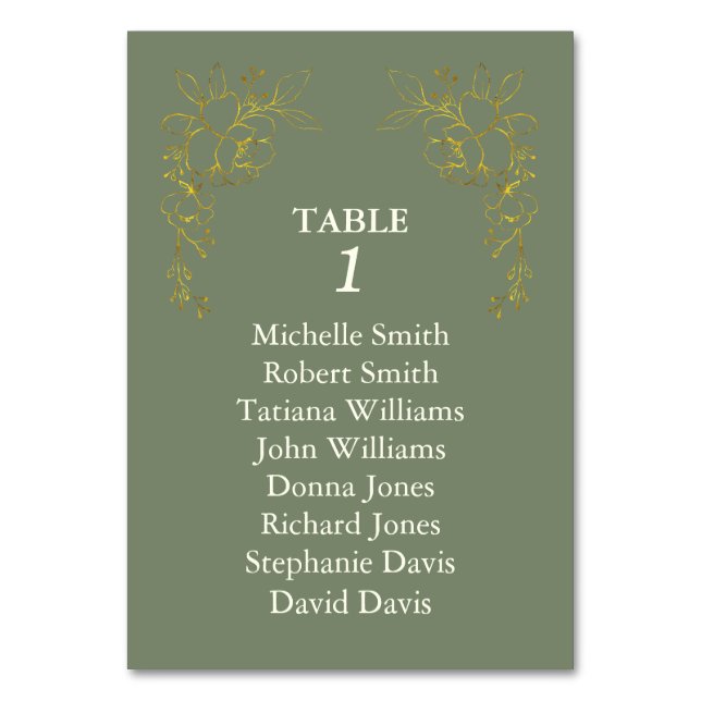 Tarjeta De Mesa Luxury Gold Flowers Ivory Sage Green Wedding (Anverso)