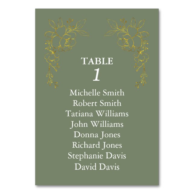 Tarjeta De Mesa Luxury Gold Flowers Royal Sage Green Wedding (Reverso)