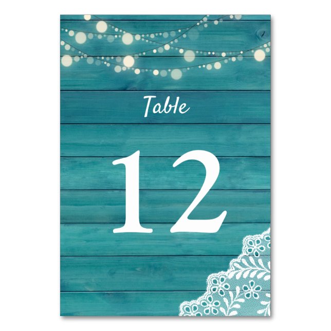 Tarjeta De Mesa Madera azul, encaje, luces de cadena 2 (Anverso)