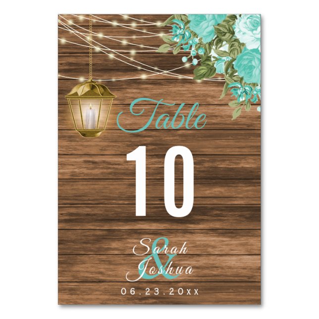 Tarjeta De Mesa Madera, farolillos y flores Verde azuladas | Tarje (Reverso)