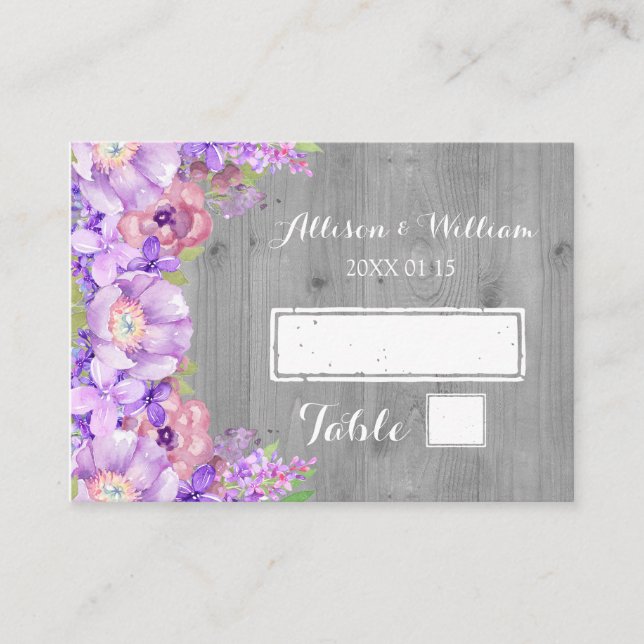Tarjeta De Mesa Madera Gris Purple Lilac Floral Place Cards (Anverso)