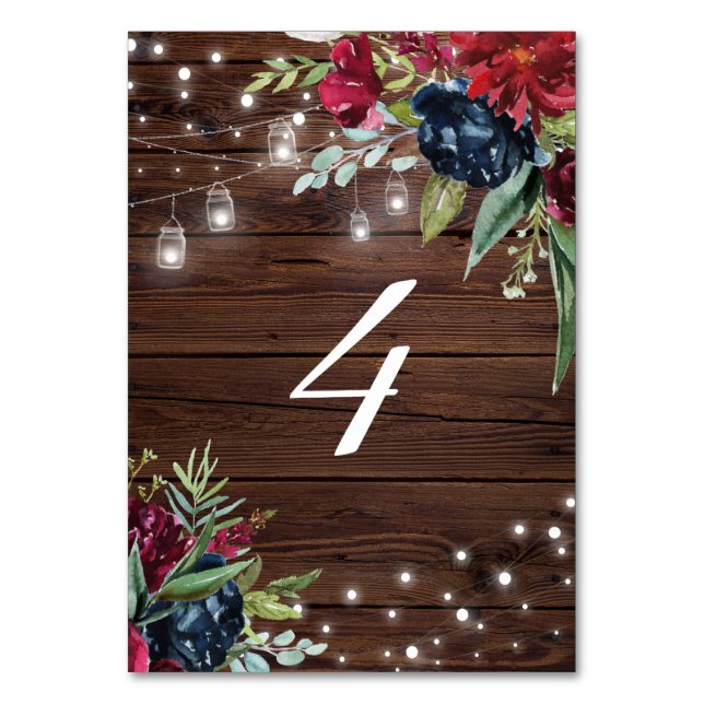 Tarjeta De Mesa Madera Rusa Borgoña Floral Luz Mesa 4 Boda (Anverso)