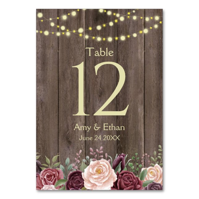Tarjeta De Mesa Madera Rústica Dusty Rosa Floral (Anverso)