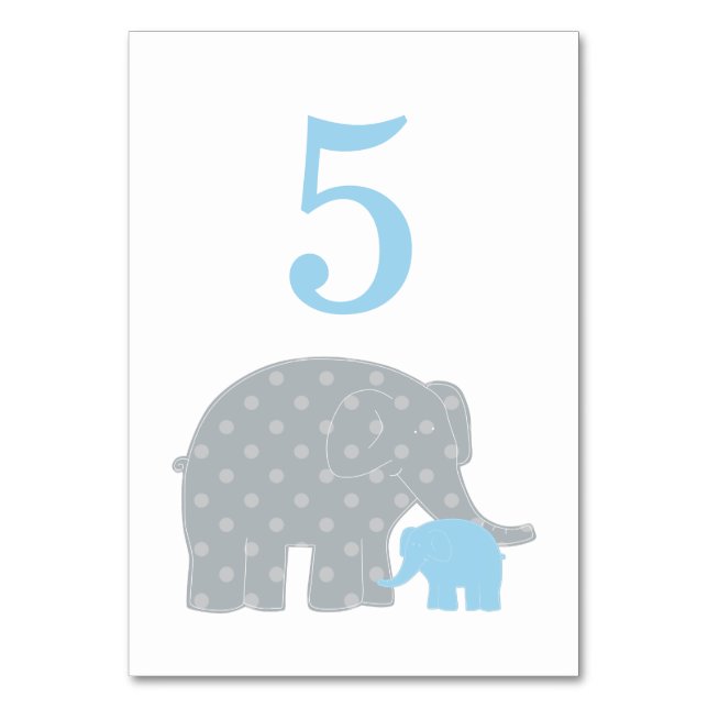 Tarjeta De Mesa Madre y niño elefante ducha azul y gris (Anverso)