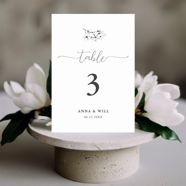 Tarjeta De Mesa Magnolia clásica Boda elegante blanca negra (Classic Magnolia Wedding Table Number Black and White Elegant Modern Simple Formal Traditional)