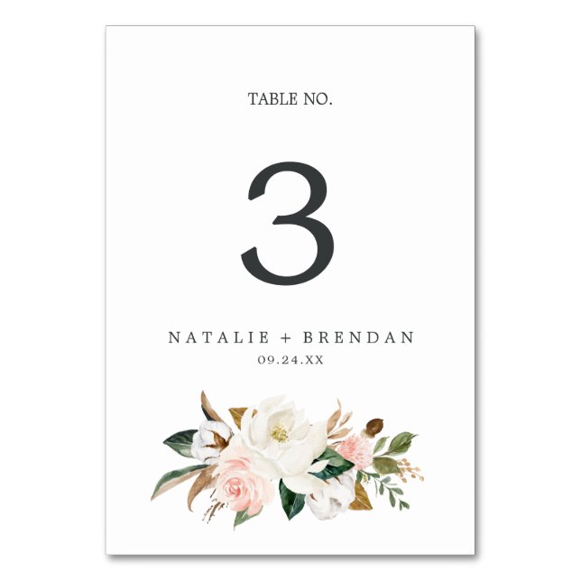 Tarjeta De Mesa Magnolia elegante | Número de tabla blanco y Rubor (Anverso)