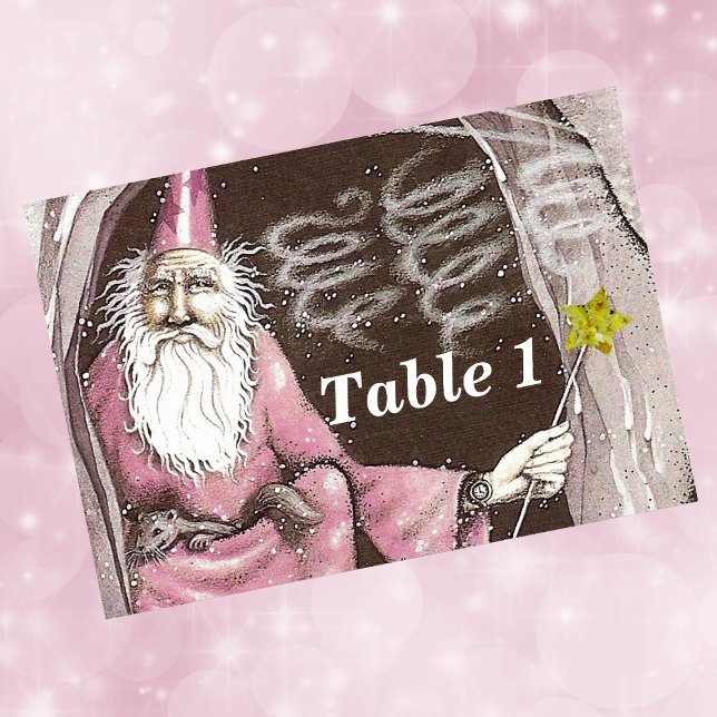 Tarjeta De Mesa Mago antiguo mágico Elf Magic Wand Star (Old wizard pink robes ferret star magic wand in cave on event table cards.)