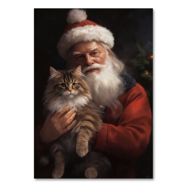 Tarjeta De Mesa Maine Coon Con Los Navidades Festividades De Santa (Anverso)