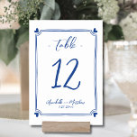 Tarjeta De Mesa Mano azul dibujada por un caprichoso Boda<br><div class="desc">Mano Azul Elegante Dibujando El Número De La Mesa De Boda. Esta adorable tarjeta numérica de mesa presenta un marco sutil, dibujado a mano, con corazones negros en cada esquina, creando un diseño divertido y elegante que rodea suavemente el número de la mesa. La mezcla de guiones y tipos de...</div>