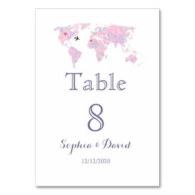 Tarjeta De Mesa Mapa mundial de acuarela de viaje de boda de desti (Anverso)