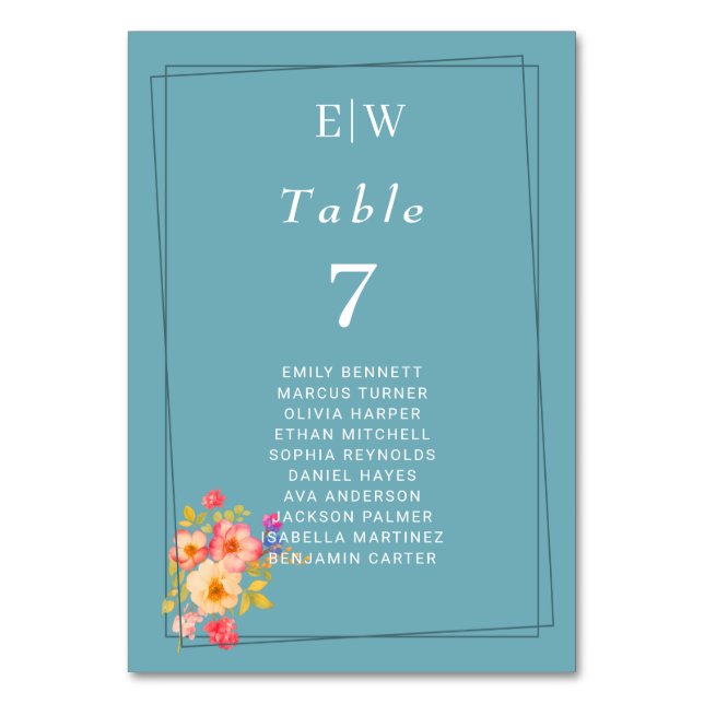 Tarjeta De Mesa Marco con Rosas, estilo Boda sobre azul retro (Anverso)