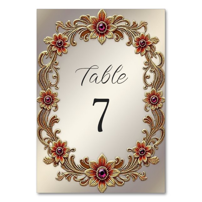 Tarjeta De Mesa Marco floral dorado con número de tabla de piedras (Anverso)