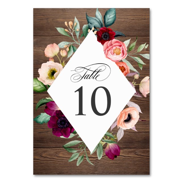 Tarjeta De Mesa Marco floral rústico Boda de madera de grano (Anverso)