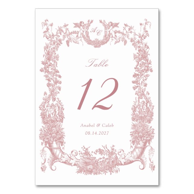 Tarjeta De Mesa Marco Floral Vintage Vines Toile Boda Rosa (Anverso)