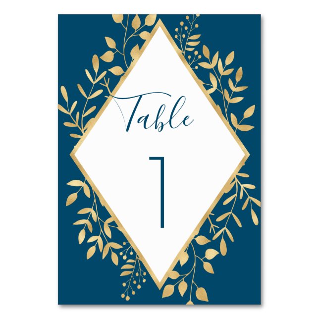 Tarjeta De Mesa Marco moderno azul y dorado (Anverso)