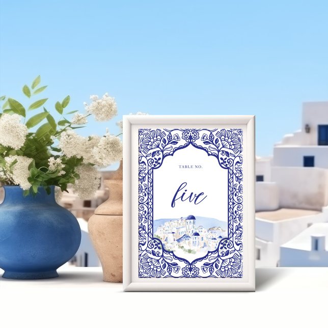 Tarjeta De Mesa Marco ornato de Santorini Grecia (Santorini Greece Watercolor Landscape Ornate Frame Table Number)