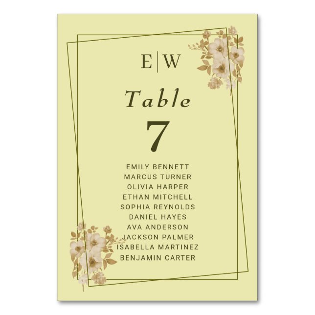 Tarjeta De Mesa Marco Rosa - Boda amarillo celestial monograma (Anverso)