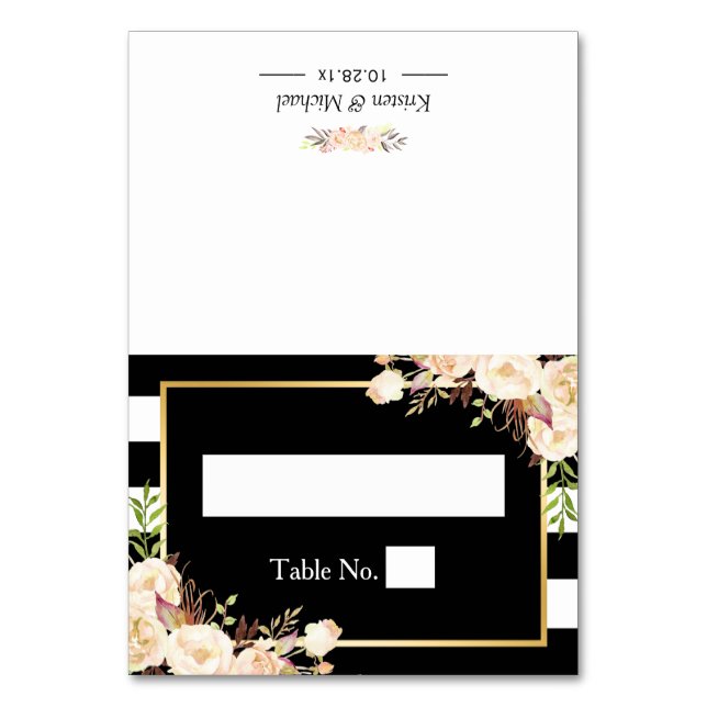 Tarjeta De Mesa Marfil Floral Black White Stripes Boda Place (Anverso)