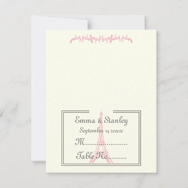 Tarjeta de mesa marfil Torre Eiffel rosa boda de P (Anverso)