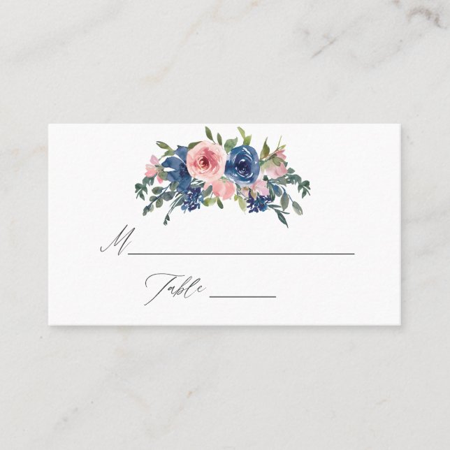 Tarjeta De Mesa Marina acuarela y Boda floral Rubor (Anverso)