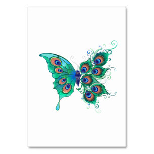 Tarjeta De Mesa Mariposa con plumas de pavo real verde
