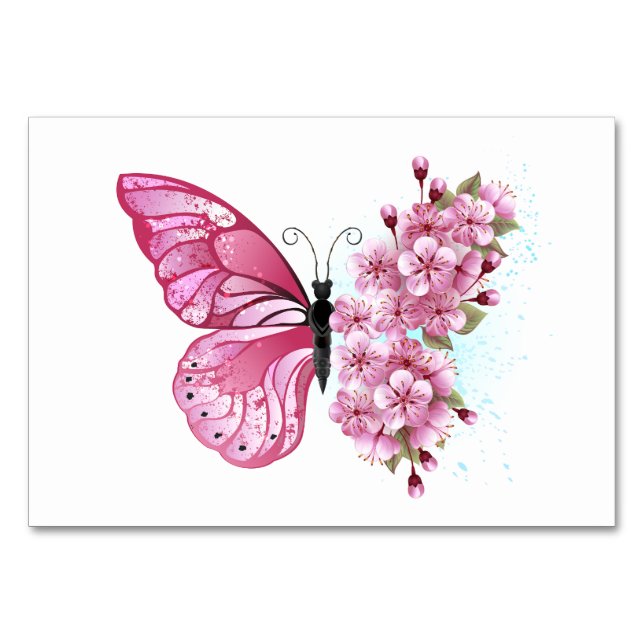 Tarjeta De Mesa Mariposa de Flor con Sakura Rosa (Anverso)