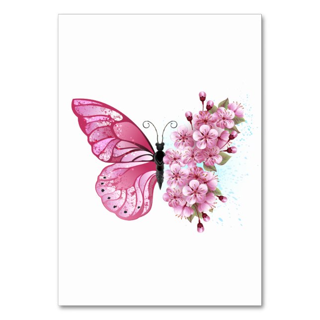 Tarjeta De Mesa Mariposa de flores con Sakura rosa (Anverso)