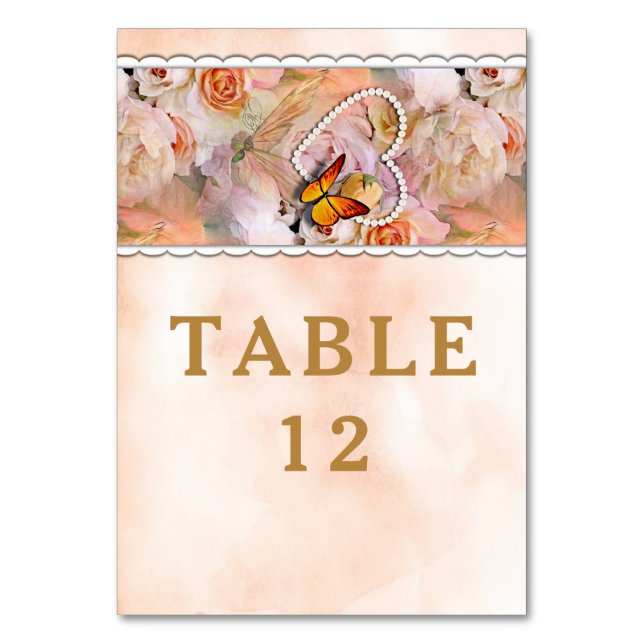 Tarjeta De Mesa Mariposa Pearl Heart Floral Serenity Rosa Boda (Anverso)