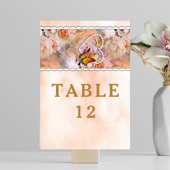 Tarjeta De Mesa Mariposa Pearl Heart Floral Serenity Rosa Boda (Butterfly Pearl Heart Floral Serenity Rose Wedding Table Number)